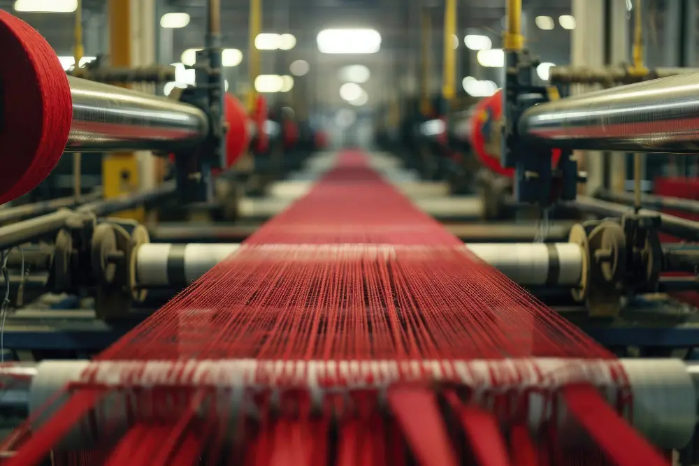 Warp threads running through a weaving machine on the mill floor